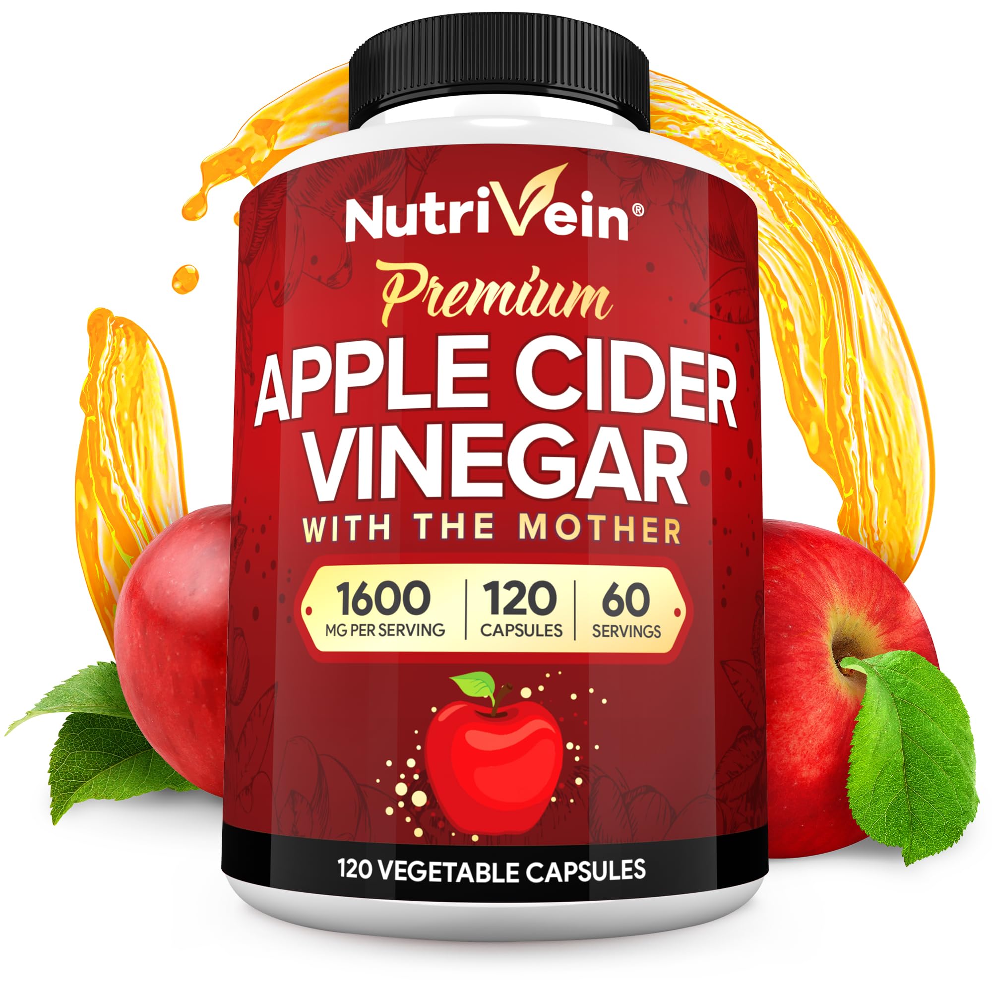 Nutrivein ACV bottle front highlighting 1600 mg for digestion and cleansing