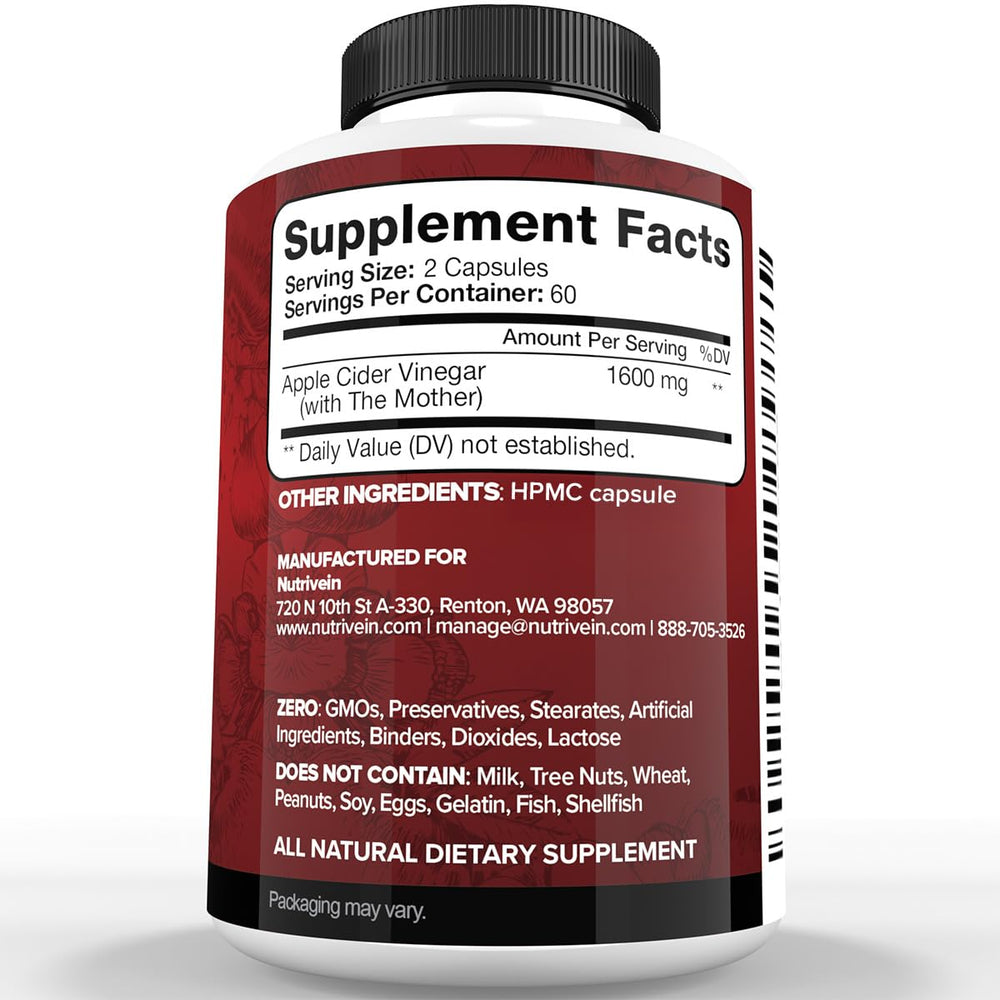 Nutrivein ACV capsules closeup showing Mother and vegan formula for gut balance