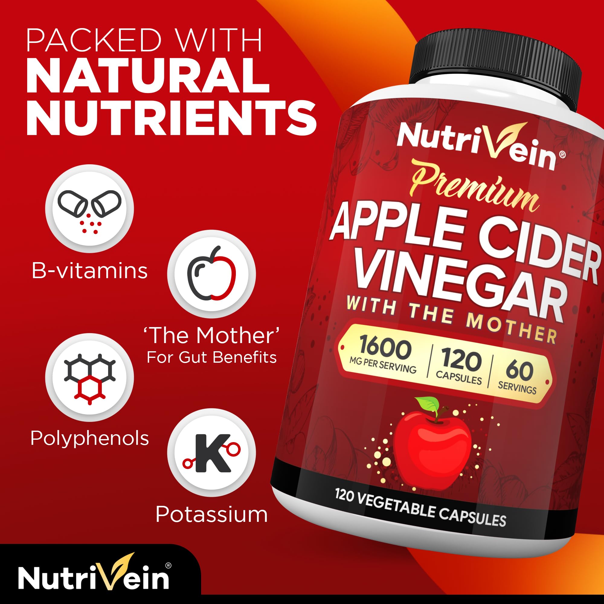 Nutrivein ACV daily dosage bottle image shows two 800 mg servings