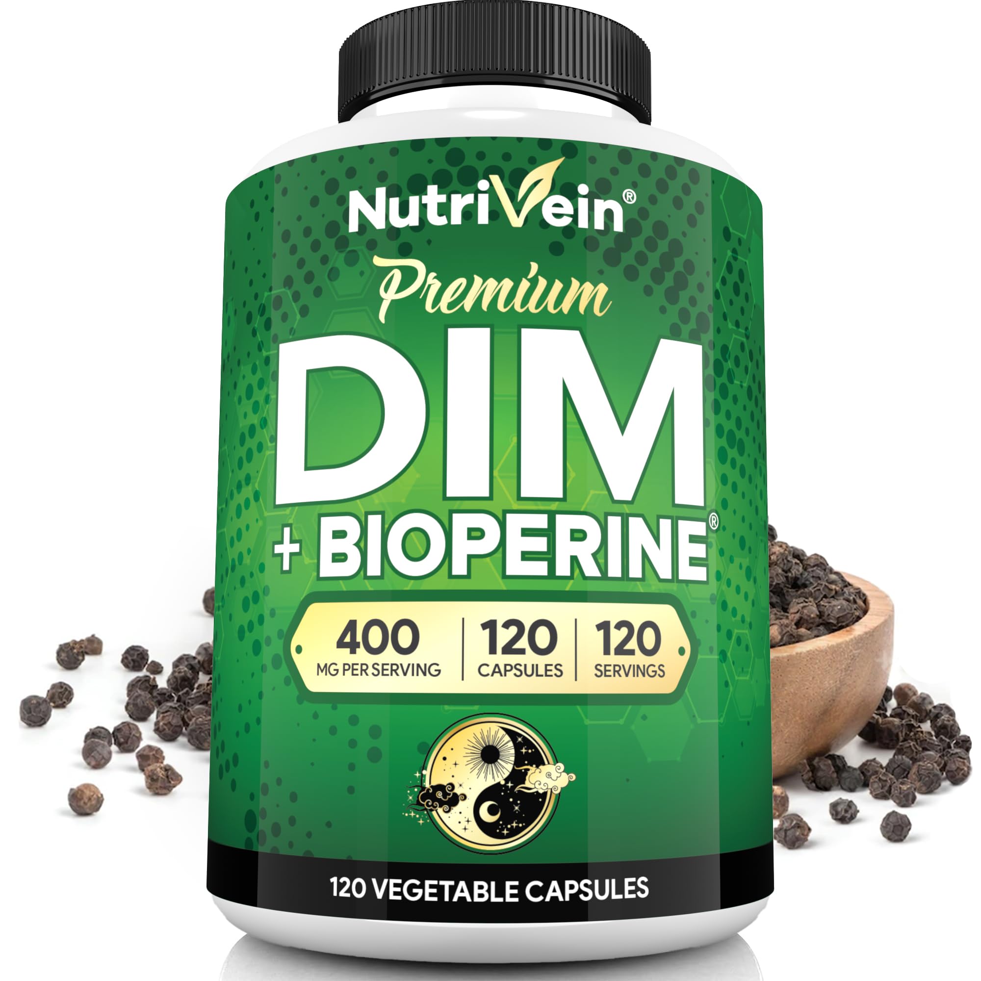 Nutrivein DIM 400mg bottle shown for hormonal balance support.