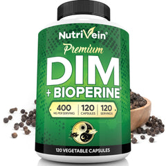 Nutrivein DIM 400mg bottle shown for hormonal balance support.