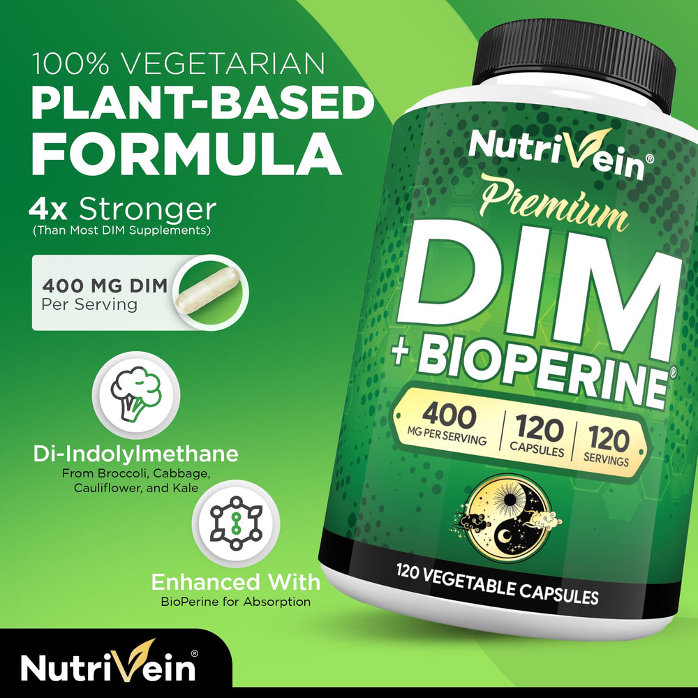 Nutrivein DIM with Bioperine packaging highlights enhanced absorption.