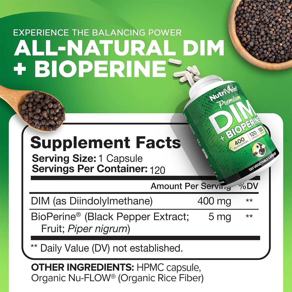 Close-up of Nutrivein DIM capsules for daily wellness routine.