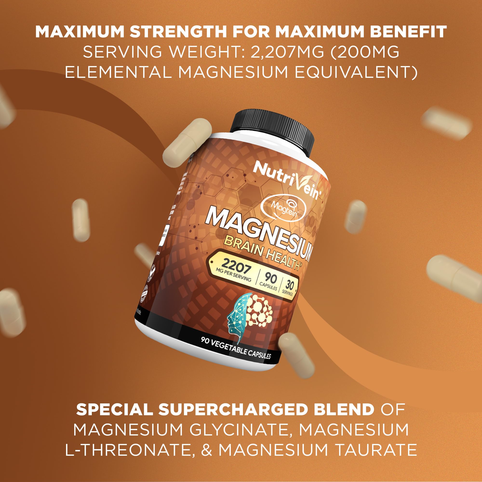 Nutrivein Magtein label close-up signals US-made vegan brain-supporting formula.