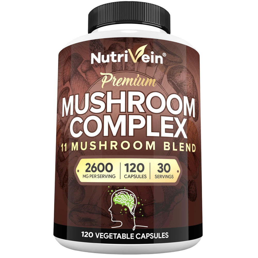 Nutrivein Premium 11 Mushroom Complex bottle supports daily focus and resilience.
