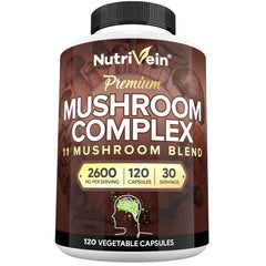 Nutrivein Premium 11 Mushroom Complex bottle supports daily focus and resilience.