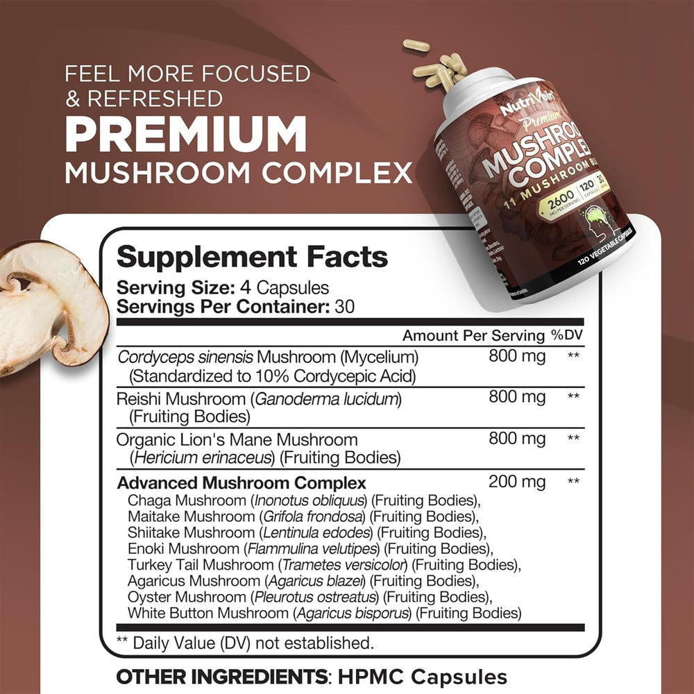 Nutrivein Premium 11 Mushroom capsules for cognitive clarity and calm.