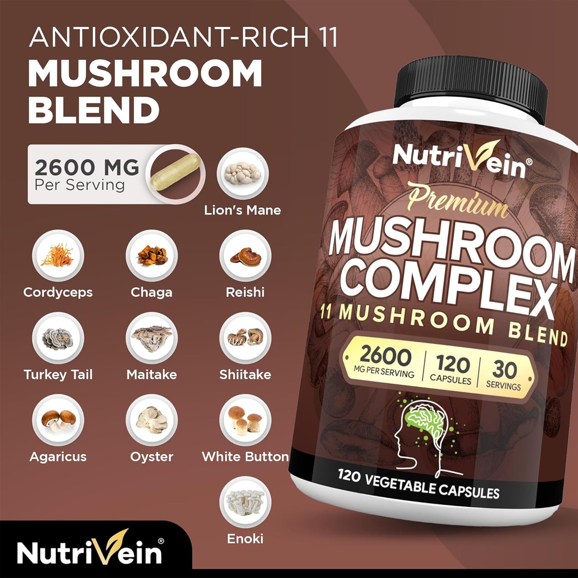 Nutrivein ingredients panel shows vegan, clean 11-mushroom blend.