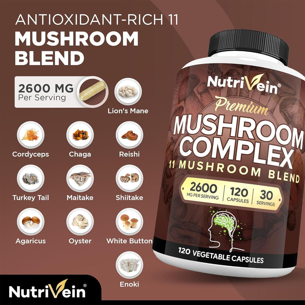 Nutrivein ingredients panel shows vegan, clean 11-mushroom blend.
