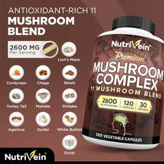 Nutrivein ingredients panel shows vegan, clean 11-mushroom blend.