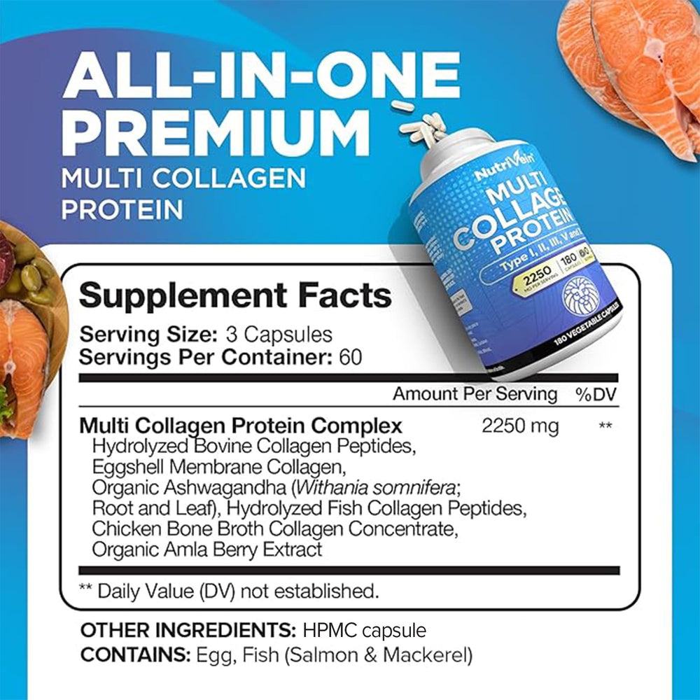 Nutrivein Premium Multi Collagen capsules closeup emphasizing easy daily serving for joints.
