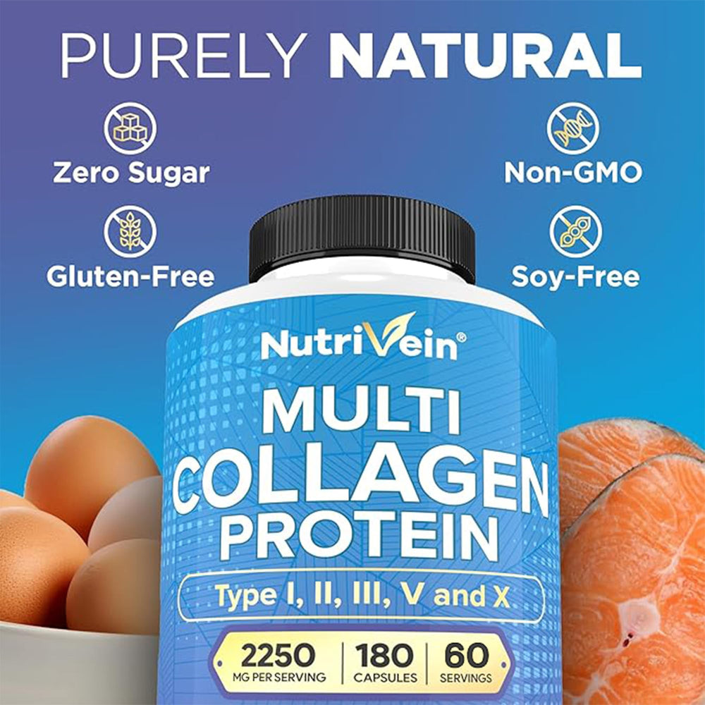 Nutrivein Premium Multi Collagen bottle with USA facility badge implies trusted manufacturing.