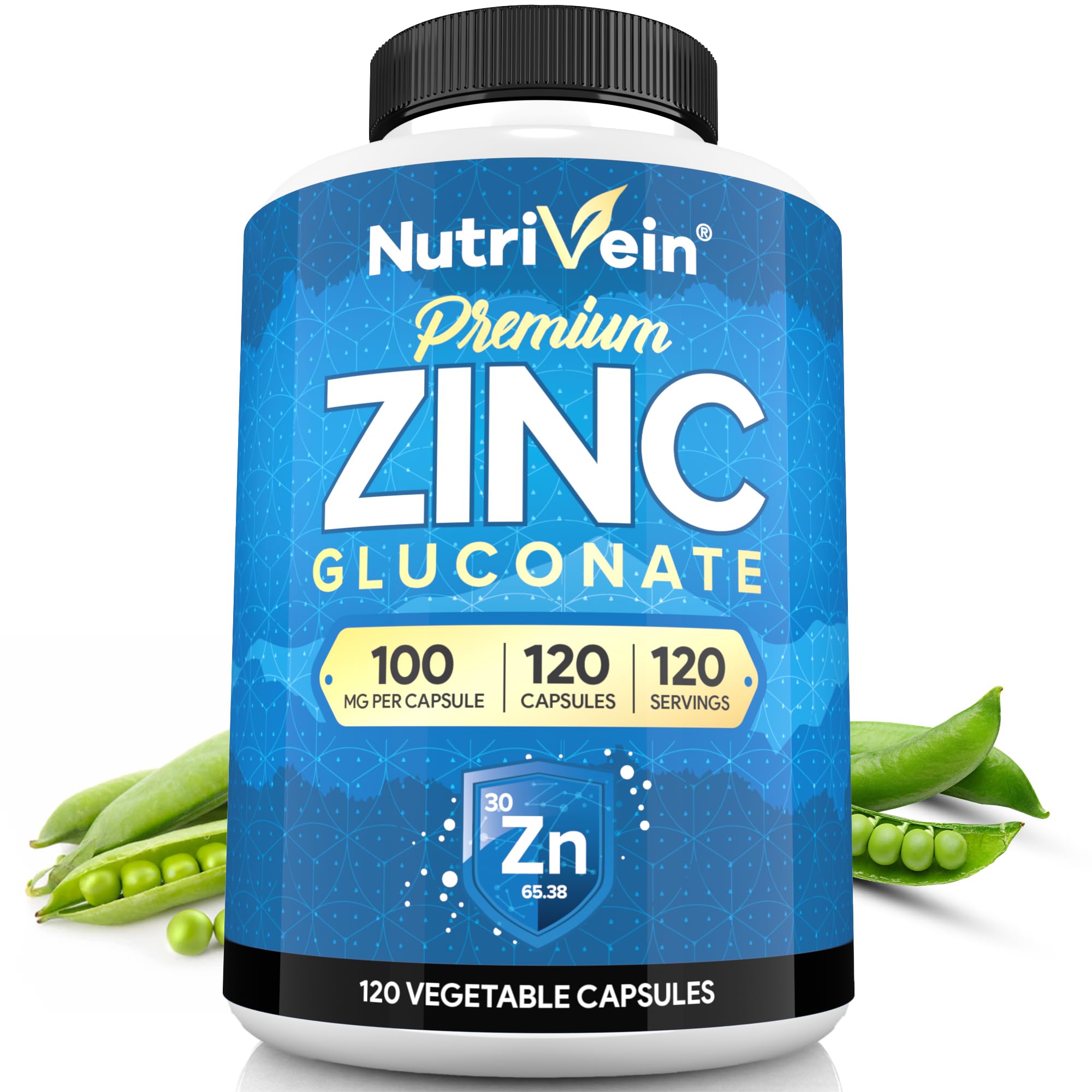 Nutrivein zinc gluconate 100mg bottle front promoting daily wellness with high absorption