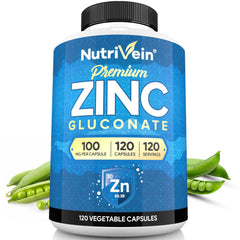 Nutrivein zinc gluconate 100mg bottle front promoting daily wellness with high absorption