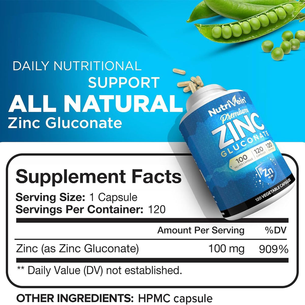 Nutrivein zinc gluconate 100mg bottle label close-up highlights vegan ingredients