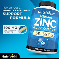 Nutrivein premium zinc gluconate 100mg capsules in bottle for daily mineral support
