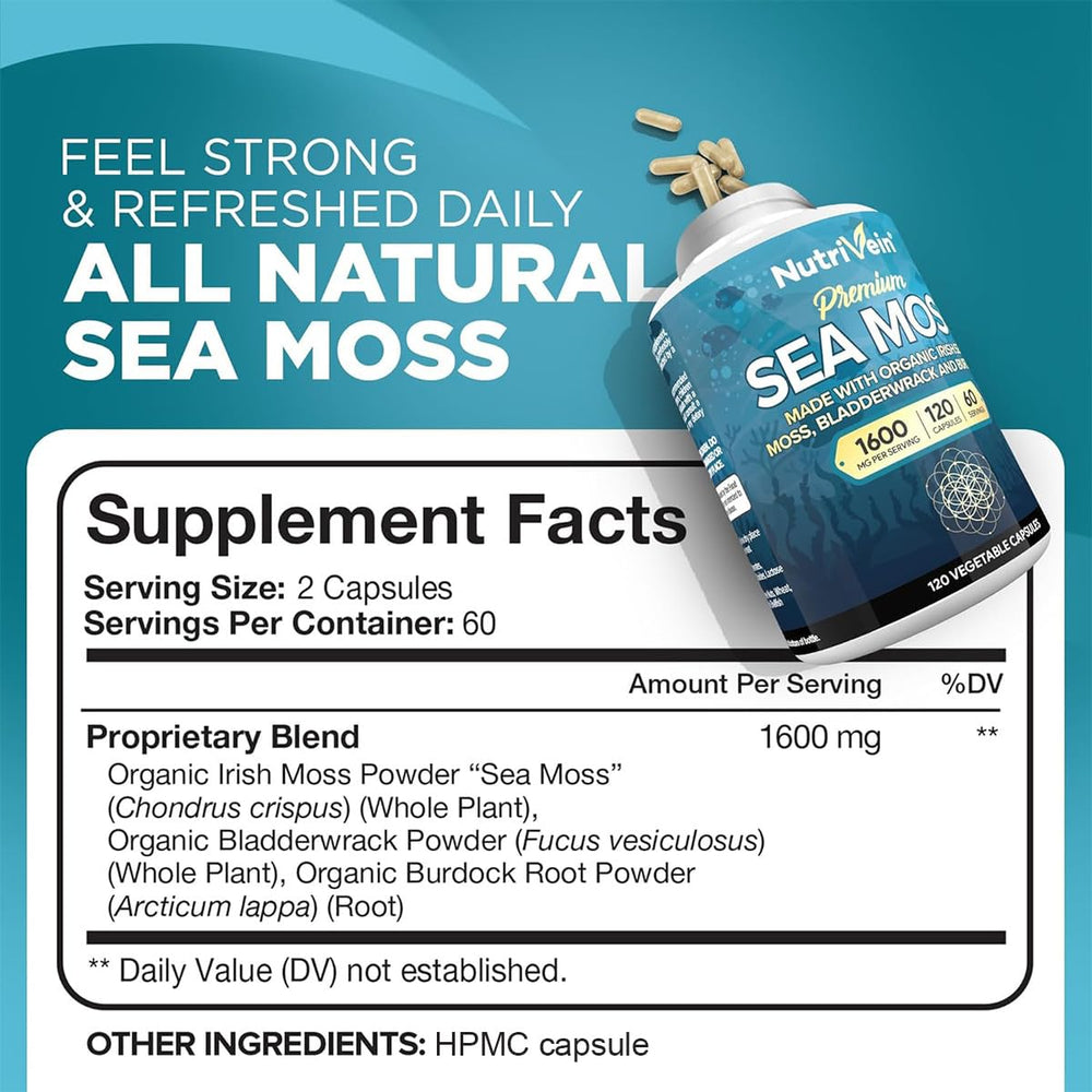 Nutrivein Sea Moss 1600mg capsules for convenient daily supplementation