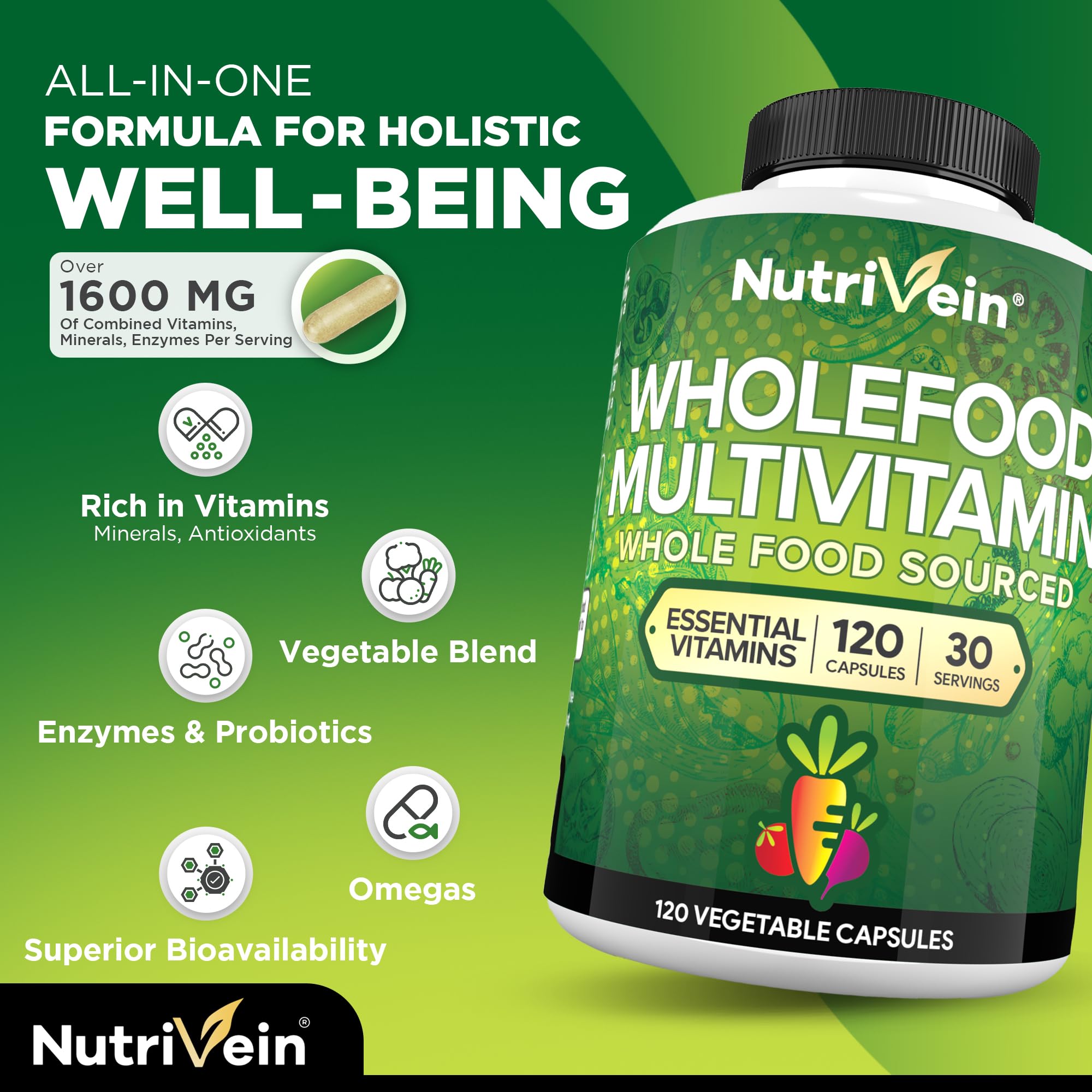 Nutrivein packaging front shows vegan, clean label for adults