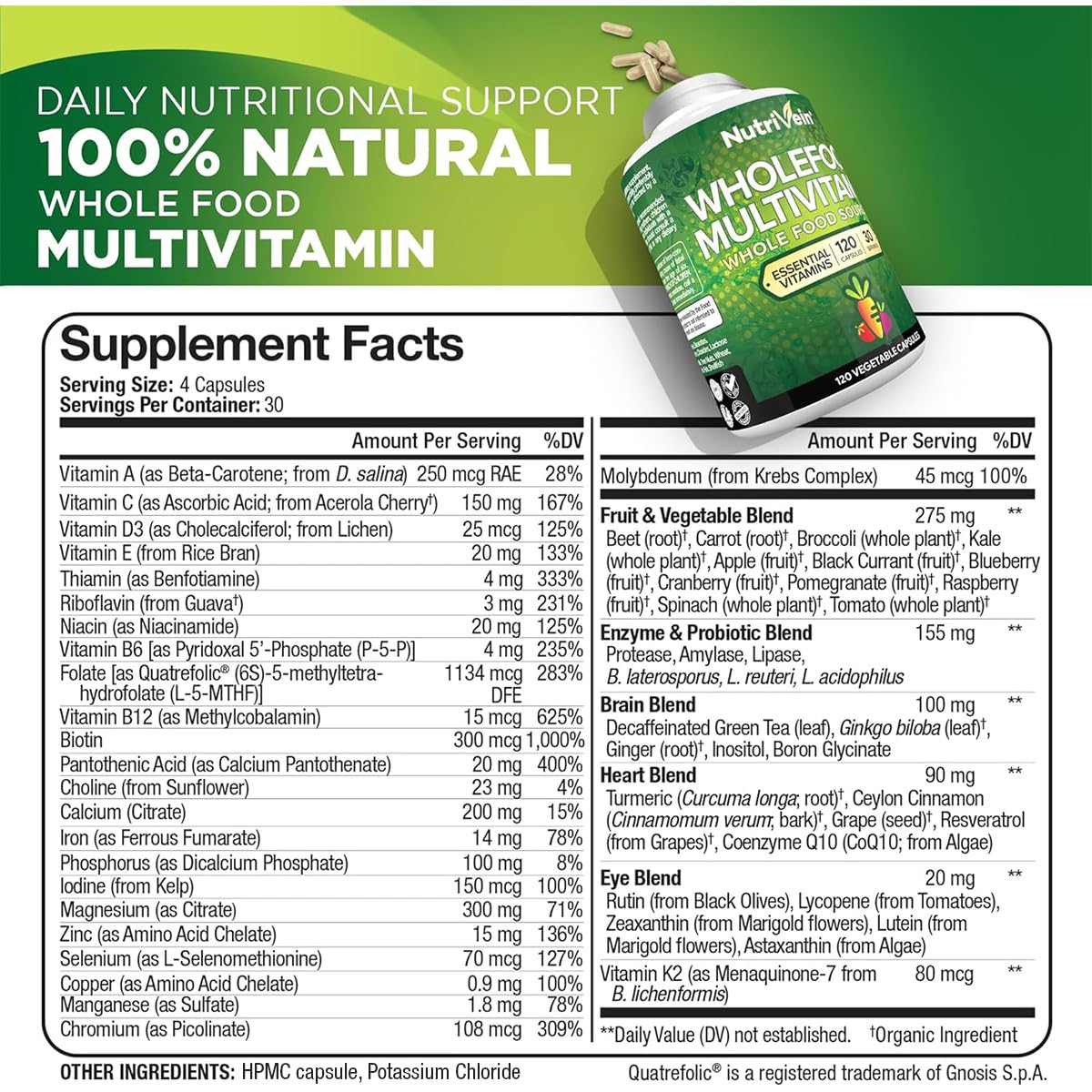 Nutrivein Whole Food Multivitamin for women bottle closeup supports immune vitality