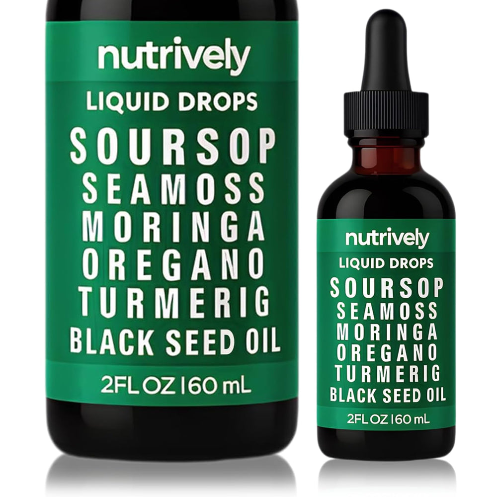 Nutrively Soursop Drops bottle shows the natural blend for daily vitality.