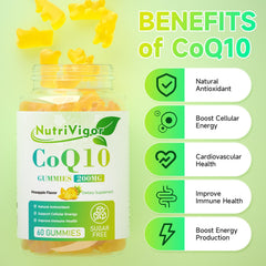 NutriVigor CoQ10 Gummies 200mg label close-up highlighting high absorption