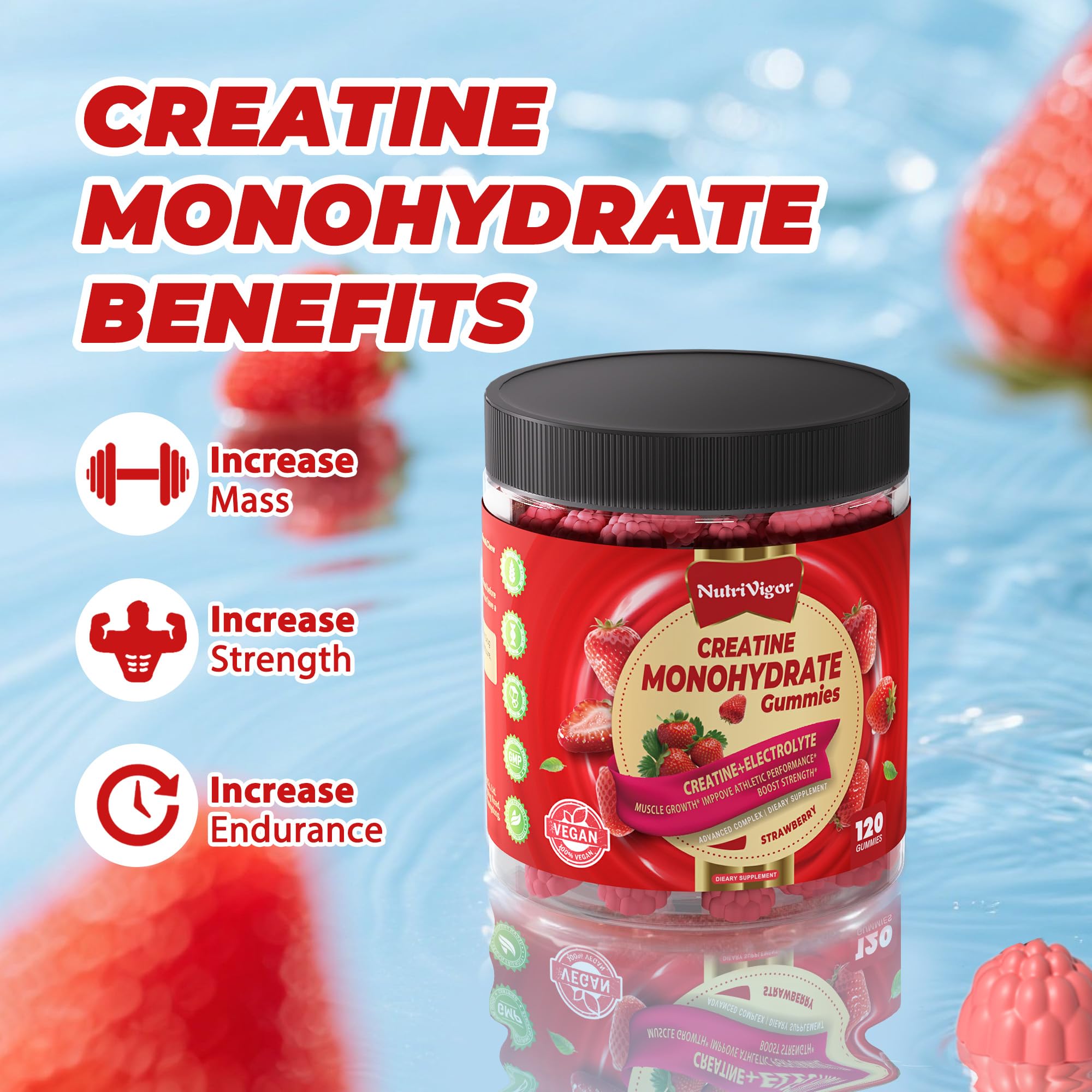 NutriVigor creatine serving detail showing 4 gummies per dose.