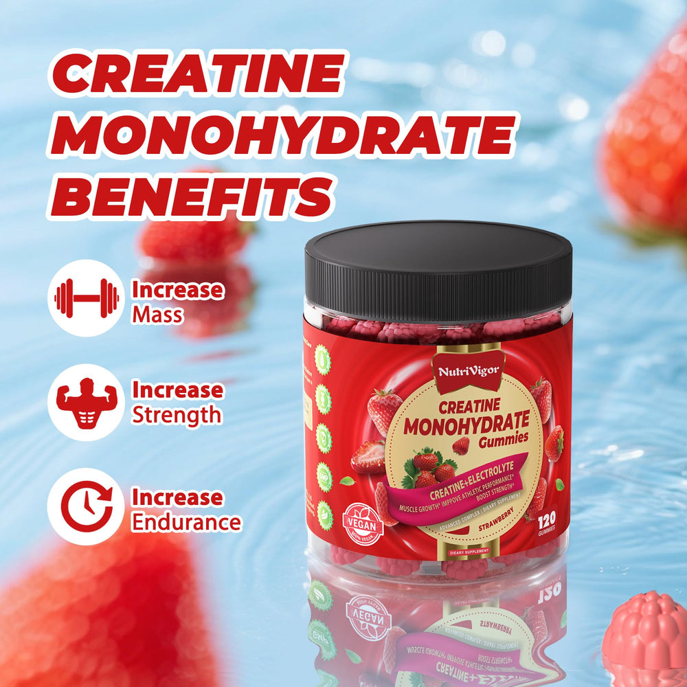 NutriVigor creatine serving detail showing 4 gummies per dose.