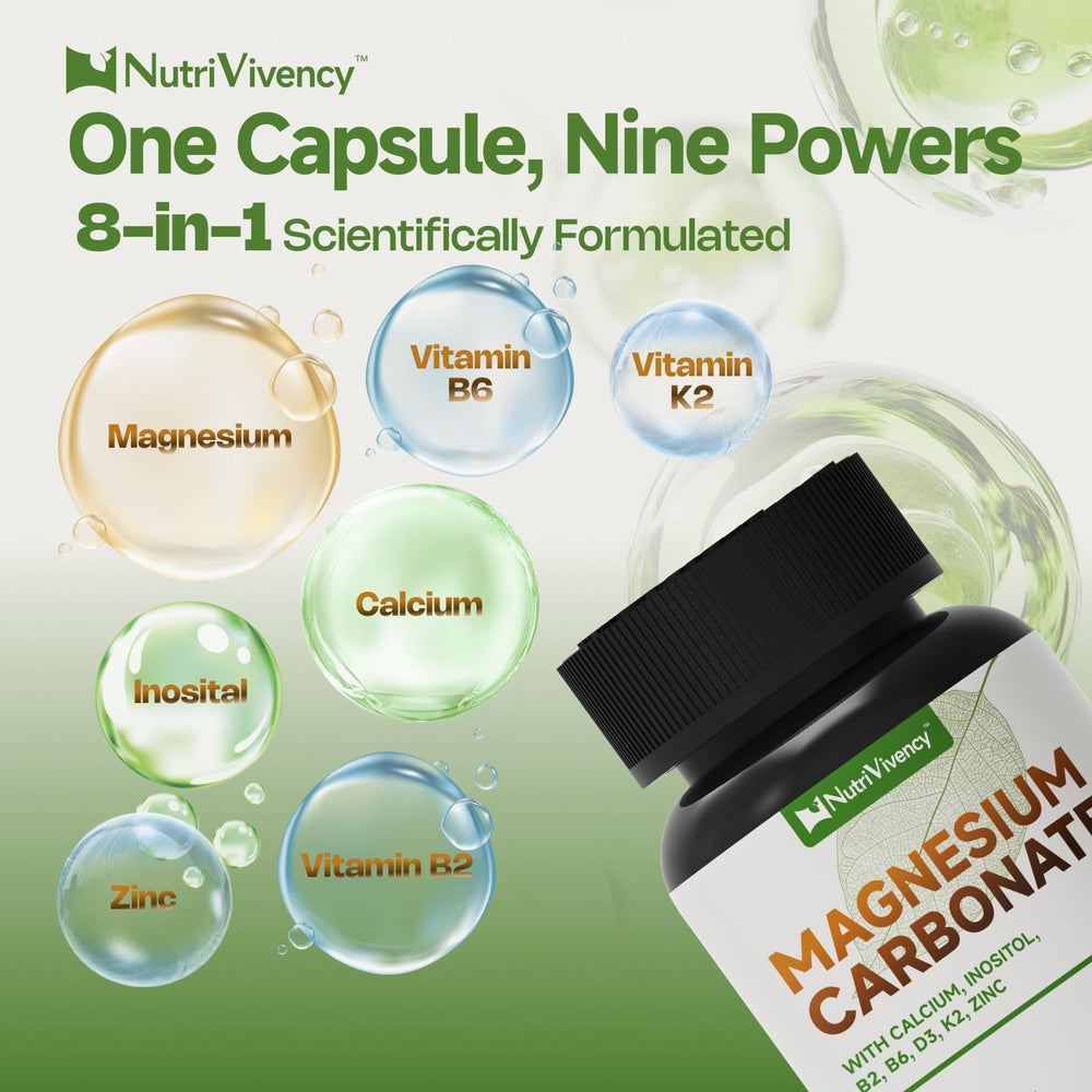 Label highlights ingredients: calcium, inositol, B vitamins, D3, K2 and zinc