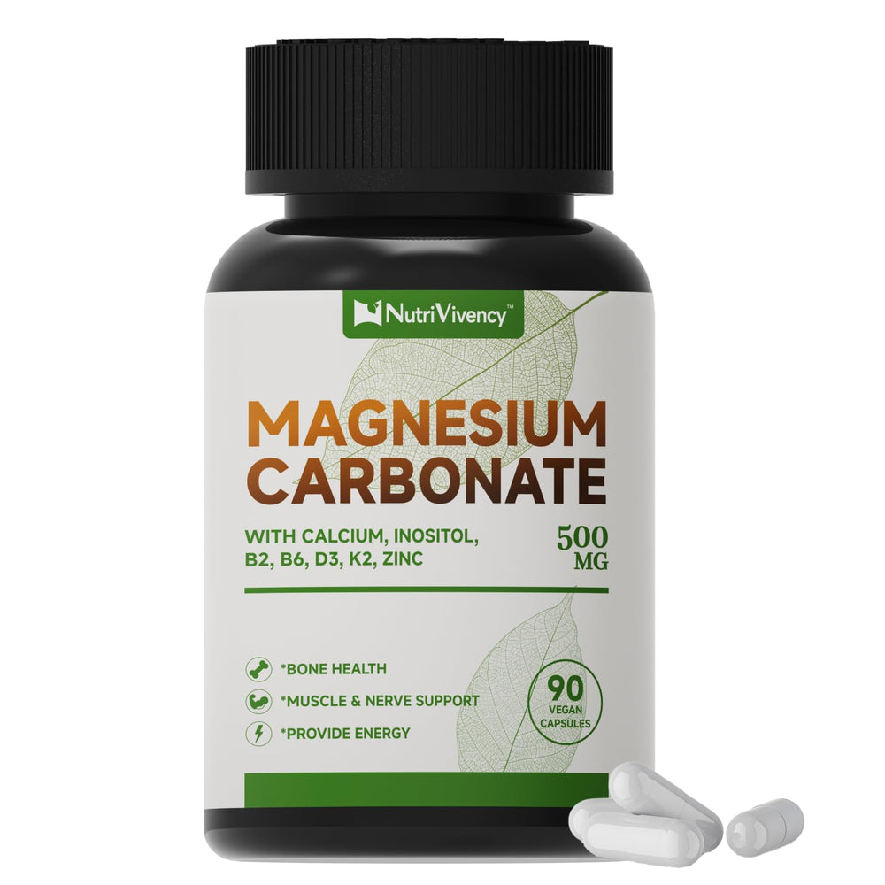 NutriVivency magnesium carbonate capsules 500 mg bottle displayed for daily bone and muscle support