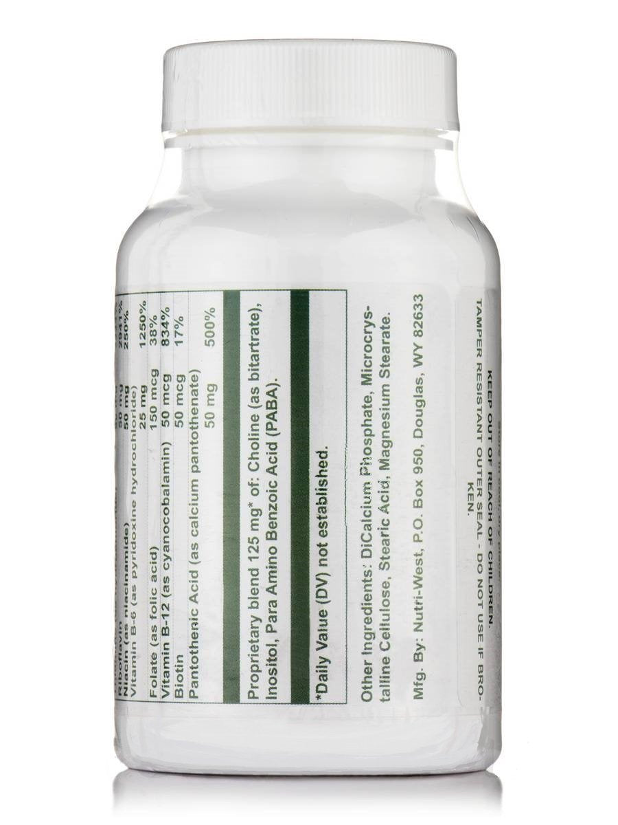 Nutri-West B-Complex bottle pour highlighting multi-B vitamins for energy support.