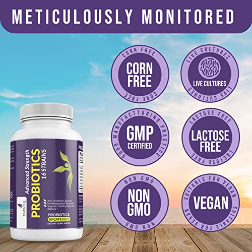 NutriZing 16-strain formula graphic emphasizing diverse gut-support bacteria.