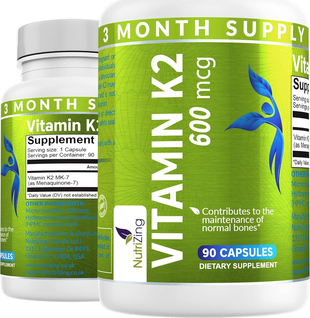 NutriZing K2 MK-7 600mcg bottle front, high-strength bone support potential