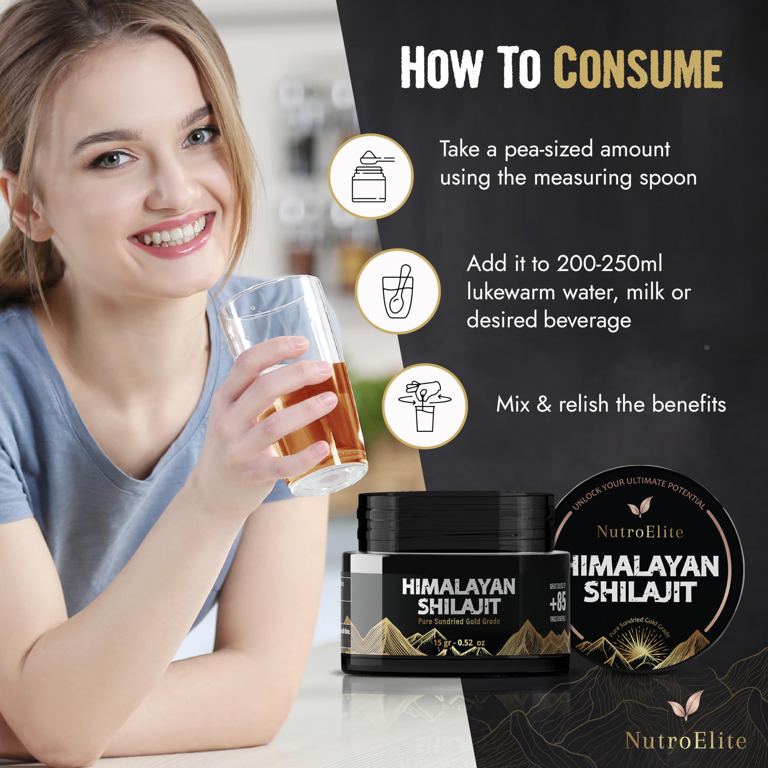 NutroElite Himalayan origin sun-dried shilajit signals premium quality.