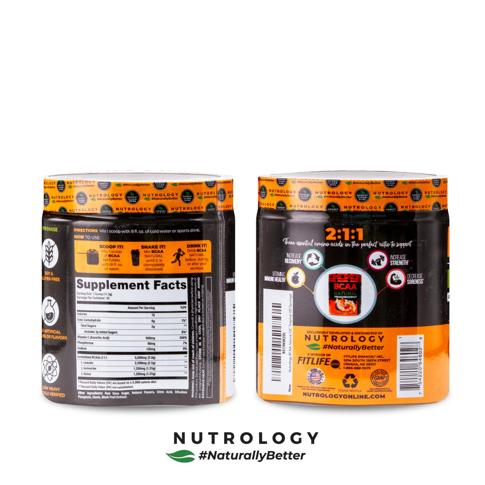 Nutrology BCAA Natural orange coconut glass with a refreshed recovery drink