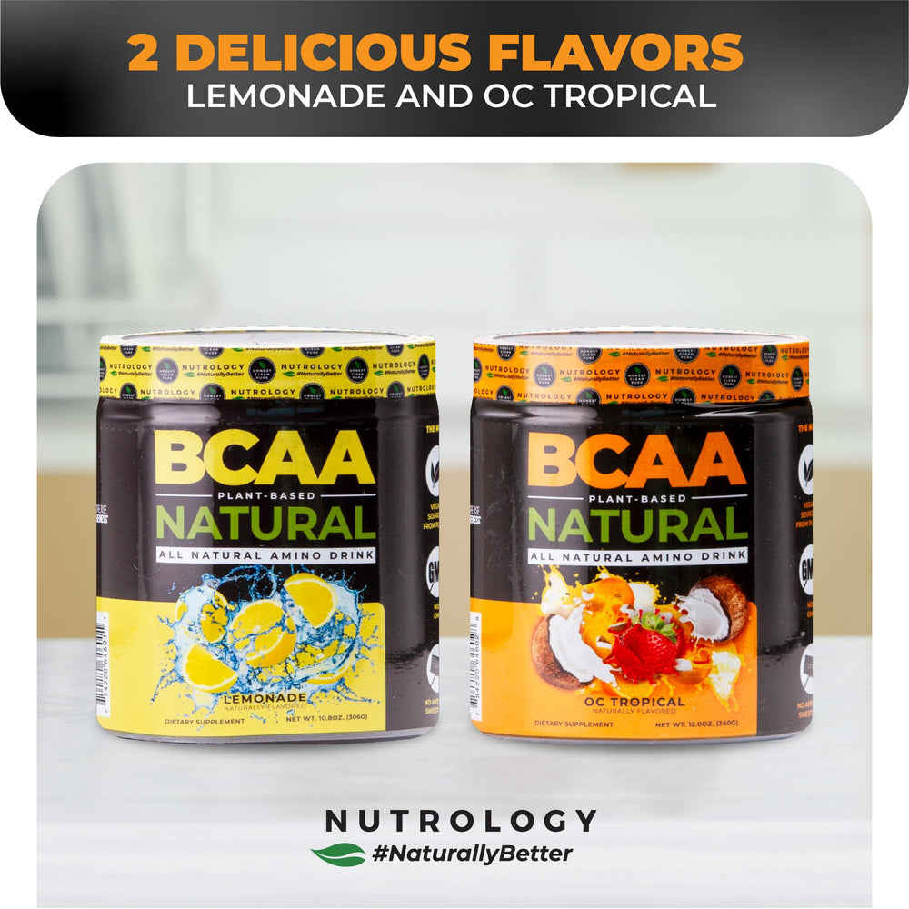 Nutrology BCAA Natural ingredient panel noting vegan corn-sourced amino acids