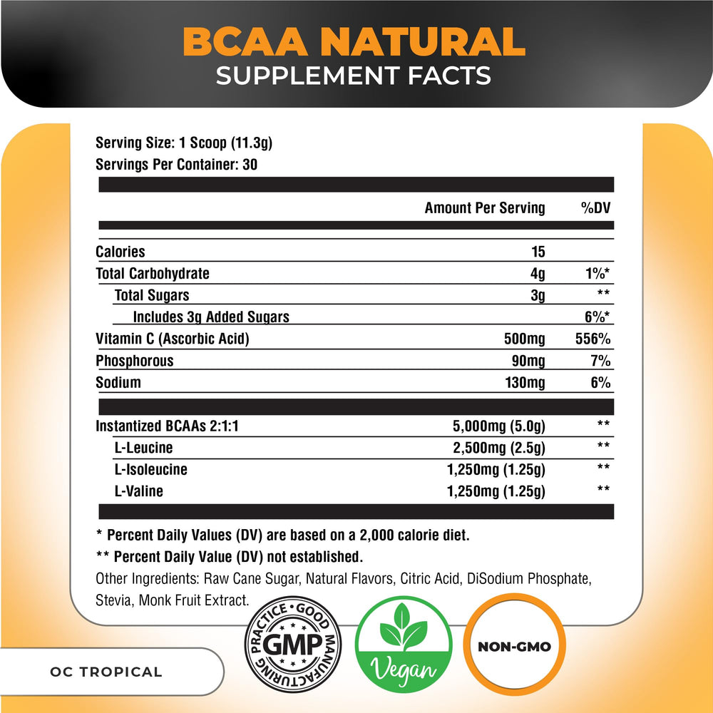Nutrology BCAA Natural orange coconut serving scoop with 5 g BCAAs per serving