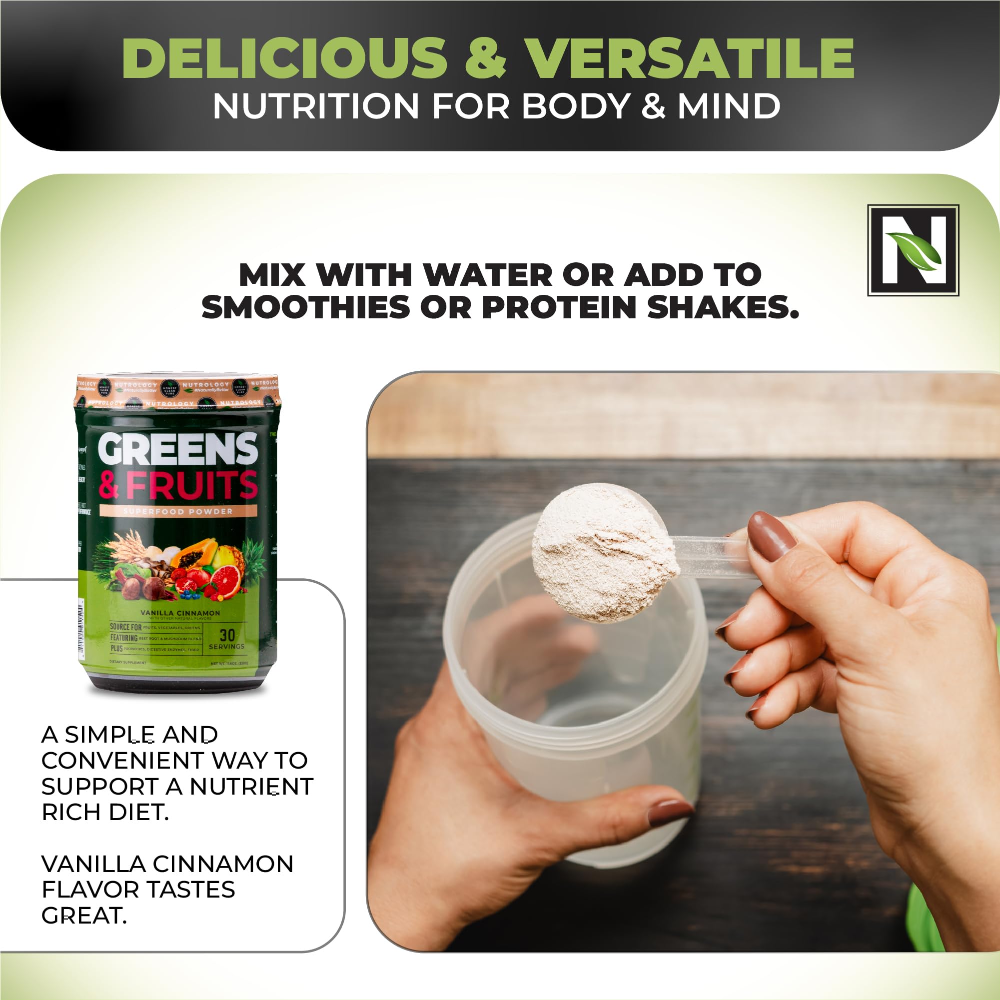 Oats bowl topped with Nutrology Greens & Fruits Powder for a nutritious breakfast