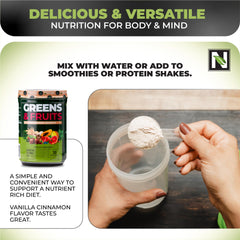 Oats bowl topped with Nutrology Greens & Fruits Powder for a nutritious breakfast