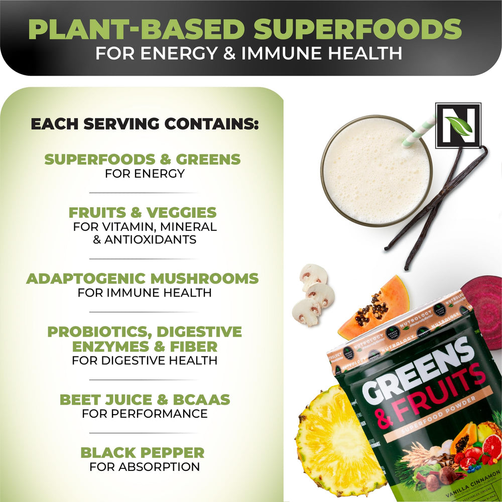 Nutrology Greens & Fruits Powder in shaker bottle for on-the-go vitality