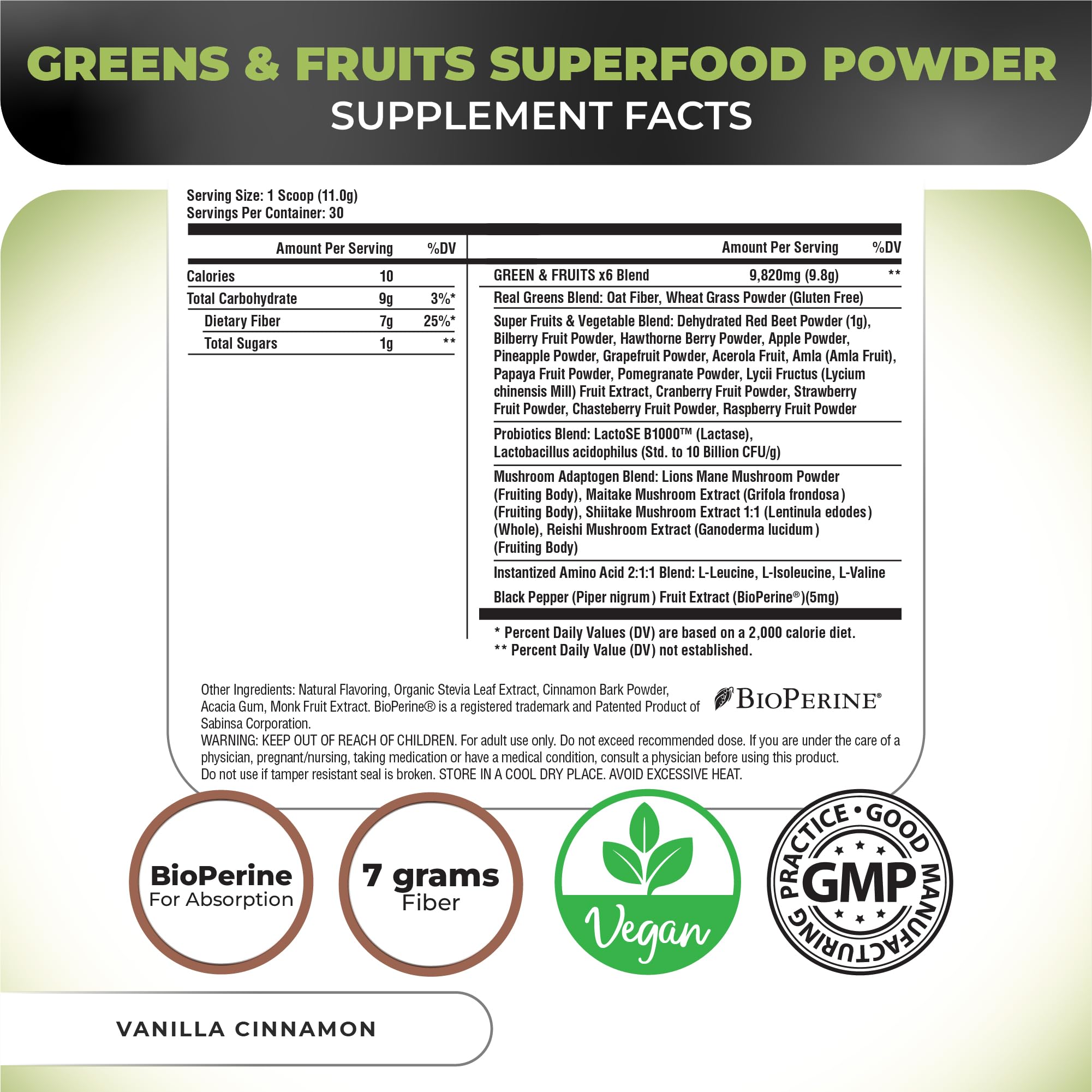 Nutrology Greens & Fruits Powder scoop beside tub for quick serving