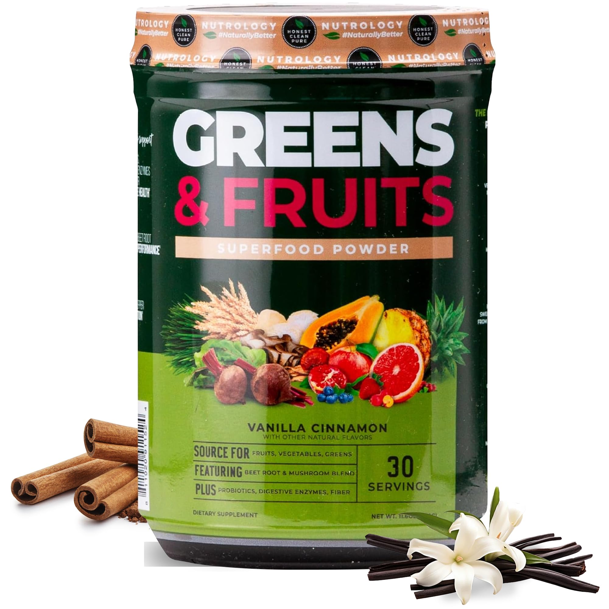 Nutrology Greens & Fruits Powder vanilla cinnamon tub for daily nutrition boost