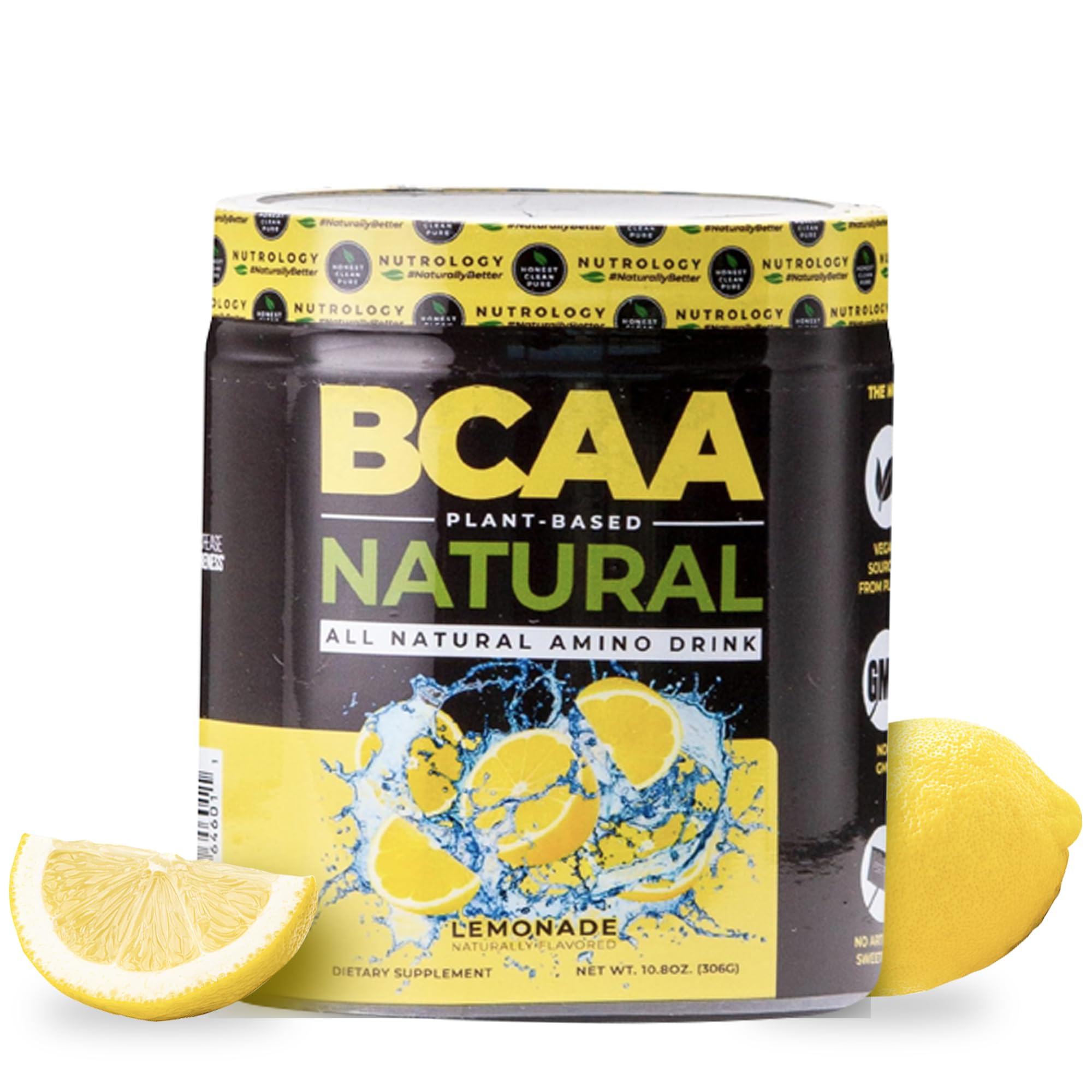 Nutrology Natural BCAA Powder canister with Lemonade flavor, ideal for post-workout recovery.