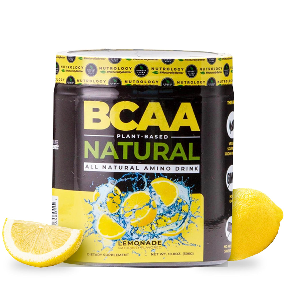 Nutrology Natural BCAA Powder canister with Lemonade flavor, ideal for post-workout recovery.