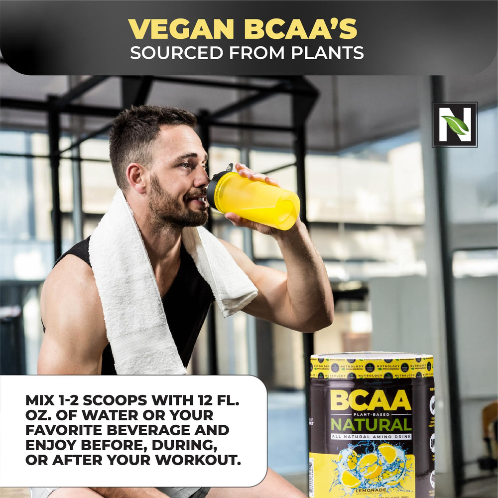 Plant-based ingredients badge on Nutrology BCAA Powder label.