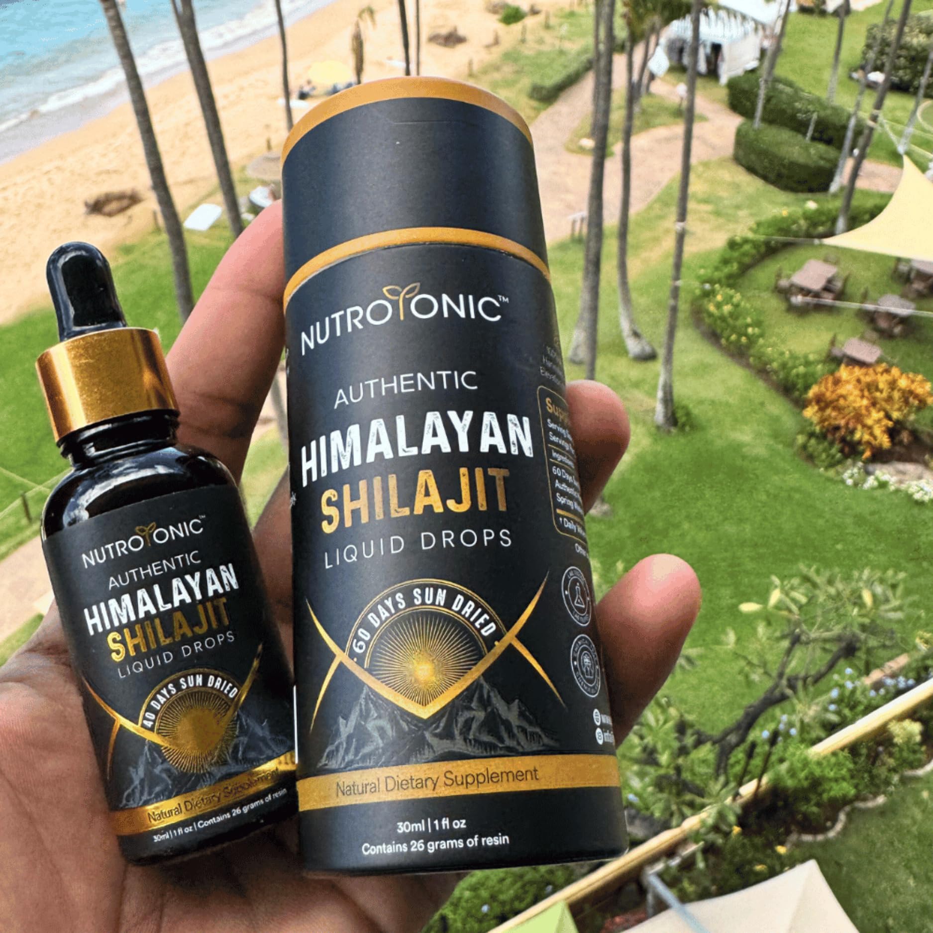 NutroTonic Shilajit drops packaging highlights compact 20ml bottle