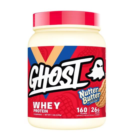 Nutter Butter Ghost Whey Protein bottle with real cookie pieces for a tasty post-workout shake.