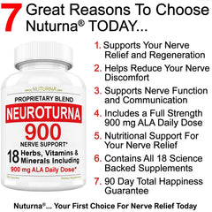 Nuturna Neuropathy Support label highlighting 900 mg ALA and key ingredients.