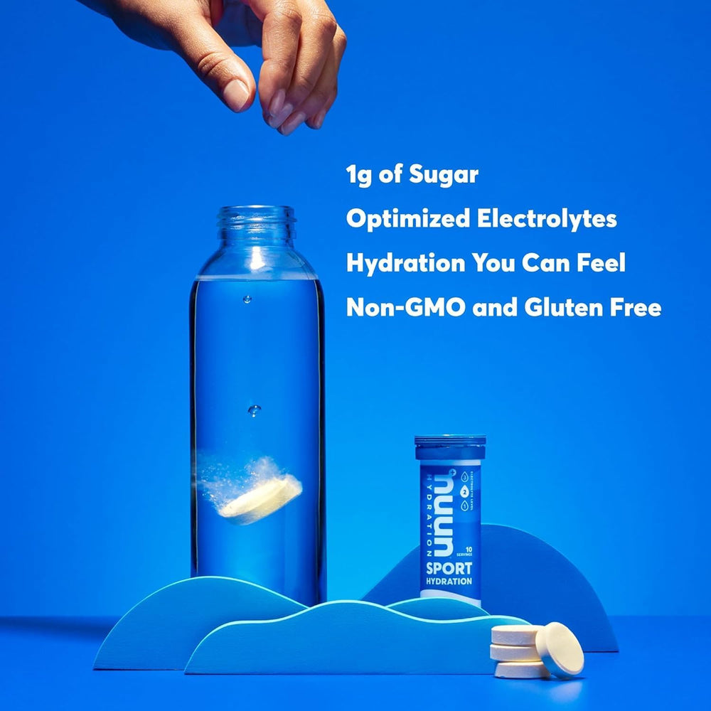Nuun Active packaging icons indicate non-GMO, vegan, and gluten-free qualities.
