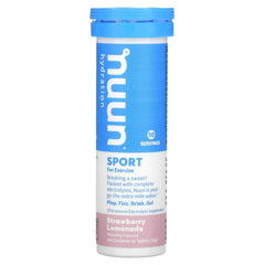 Nuun Active Strawberry Lemonade tablets in a tub for on the go hydration.