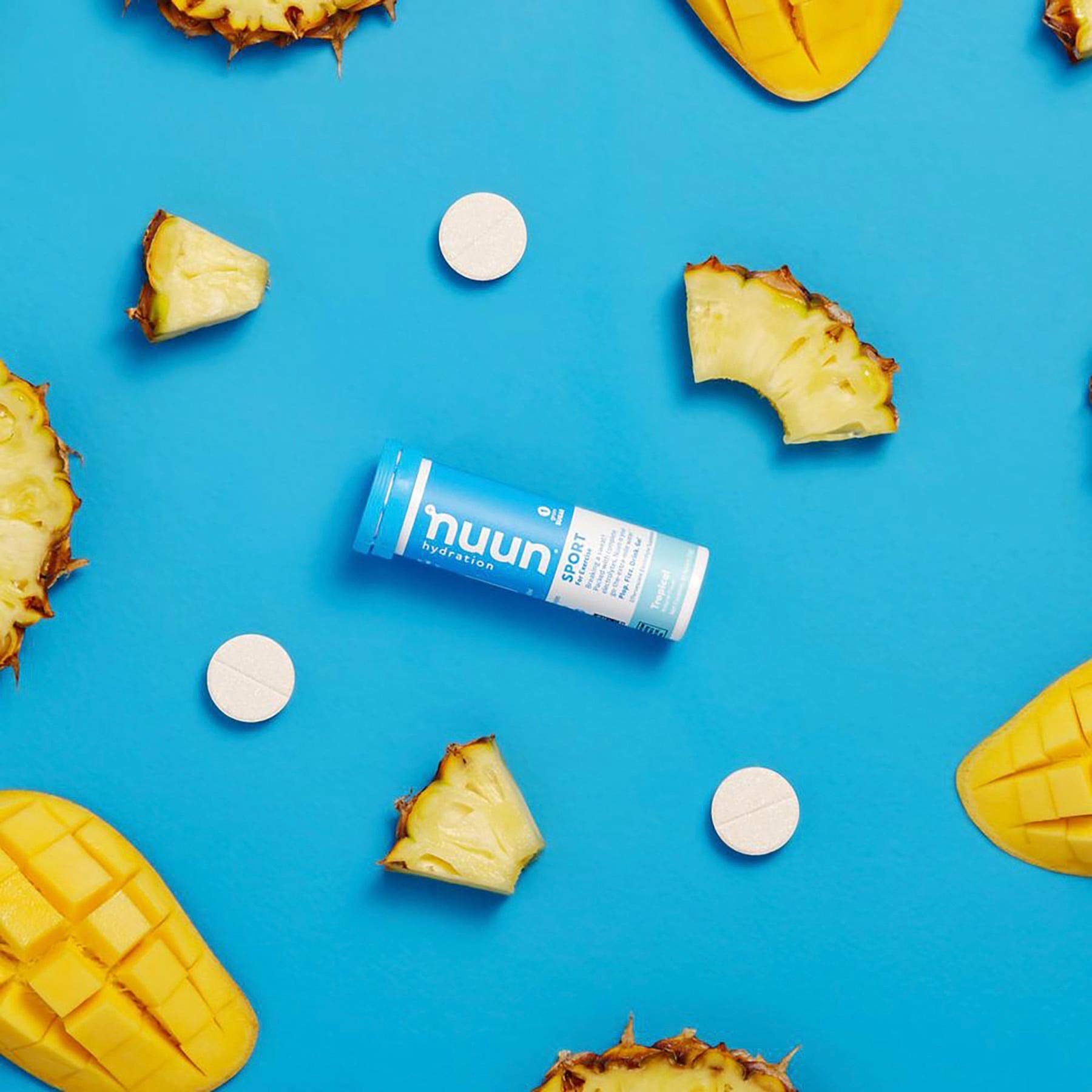 Close-up of Nuun Active Tropical Fruit packaging with three-tube setup.